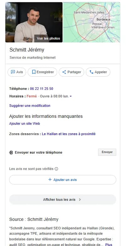 Fiche Google Business Profile de Jeremy Schmitt — consultant SEO Le Haillan